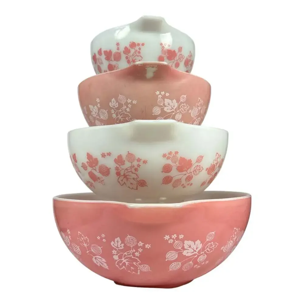 Vtg Set 4 PYREX Gooseberry Cinderella Nesting Mixing Bowls Pink 441 442 443 444